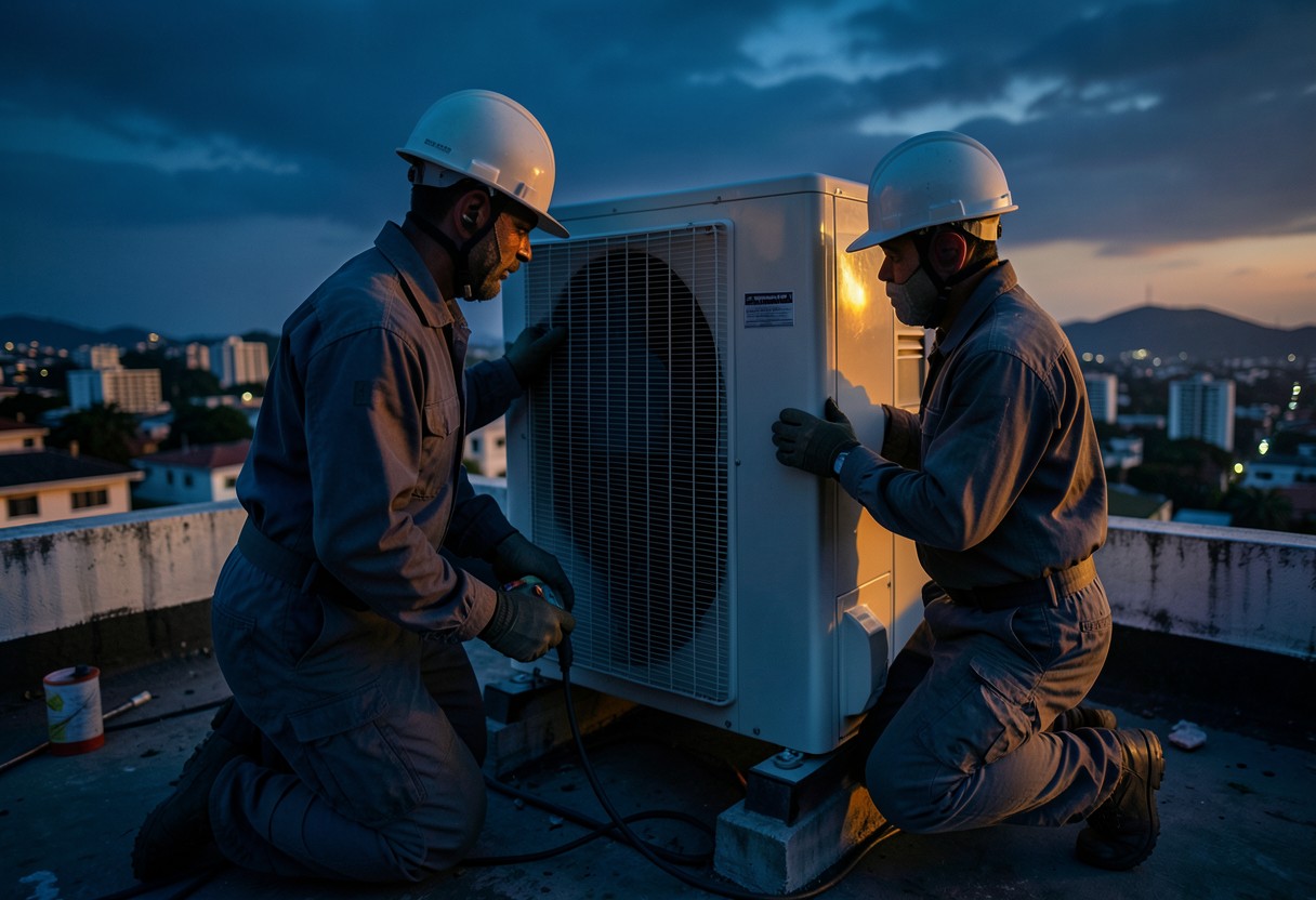 Técnicos trabajando en un equipo de aire acondicionado