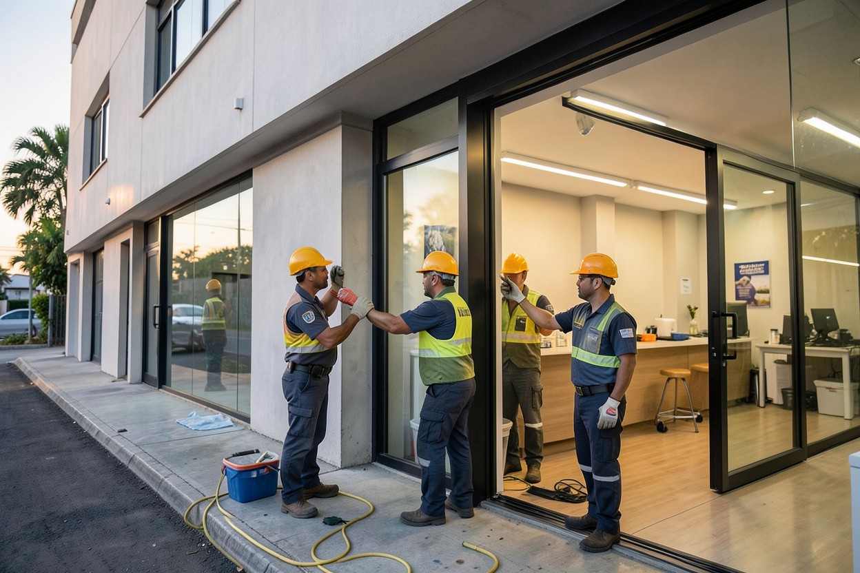 Equipo realizando mantenimiento a un edificio